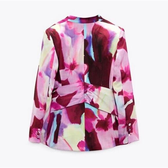 ZARA Women's Lapelles Tied Belt Jacket Printed Satin Blazer Size L - Picture 3 of 11